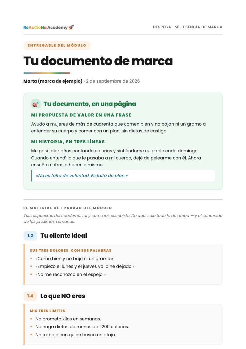 Ejemplo de entregable: primera página del documento de marca con formato ReAcCioNa